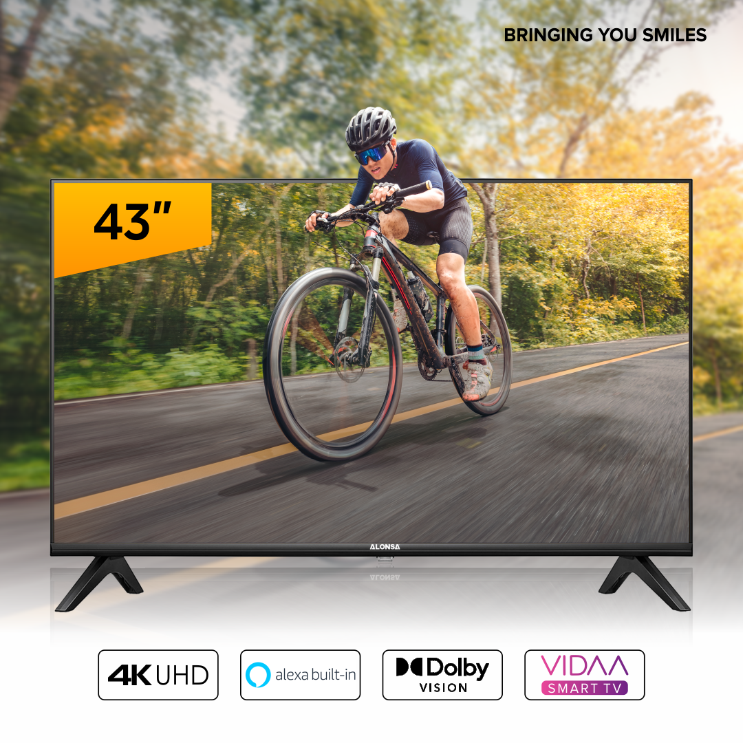 Alonsa 43 Inch TV 4K UHD Smart TV, With Dolby Vision HDR, DTS Virtual X, YouTube, Netflix, Freeview Play & Alexa Built-in, Bluetooth & WiFi Black